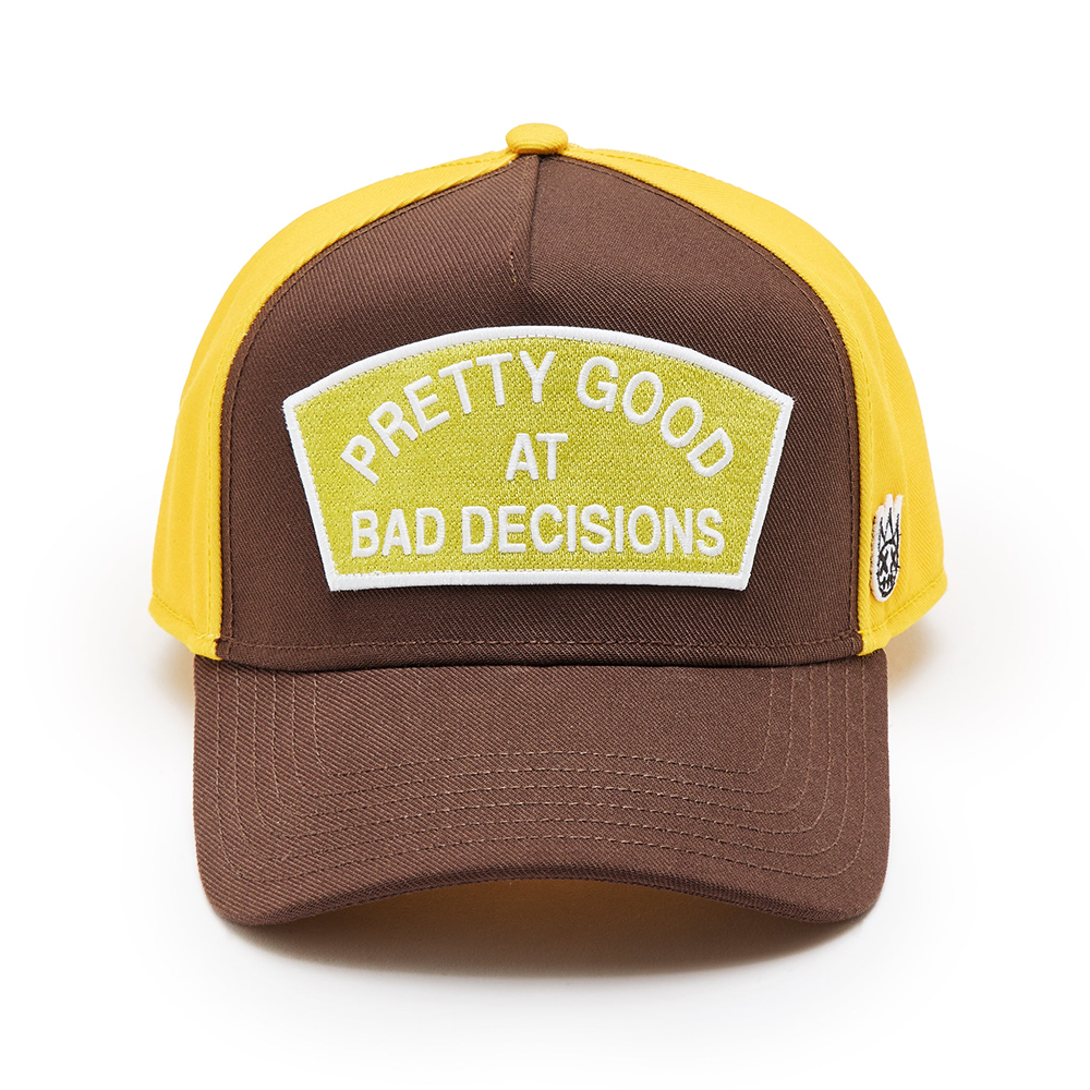 Cult's Logo Mesh Back Trucker Hat "Good At Bad Decisions" in Chocolate