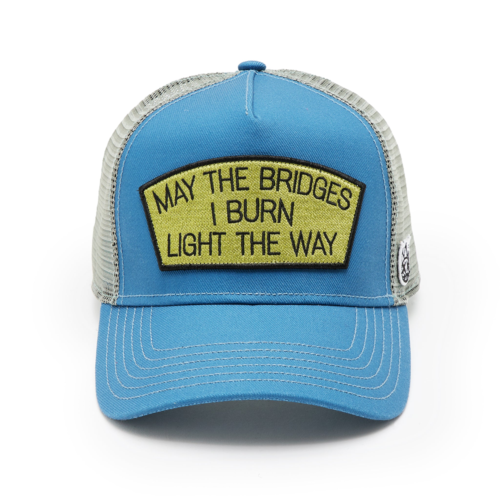 Cult's Logo Mesh Back Trucker Hat "May The Bridges I Burn" in Blue Steel
