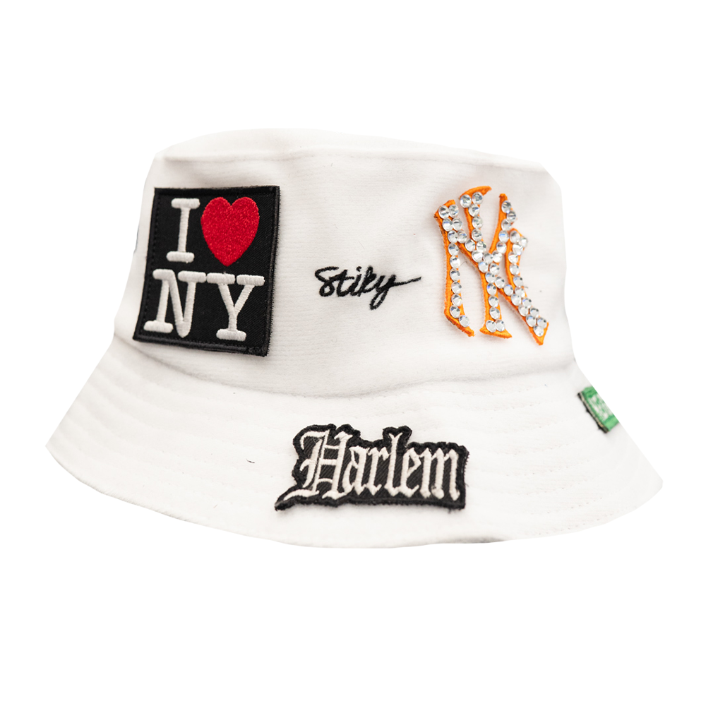 UP NYC x Stiky White Bucket Hat with Patches