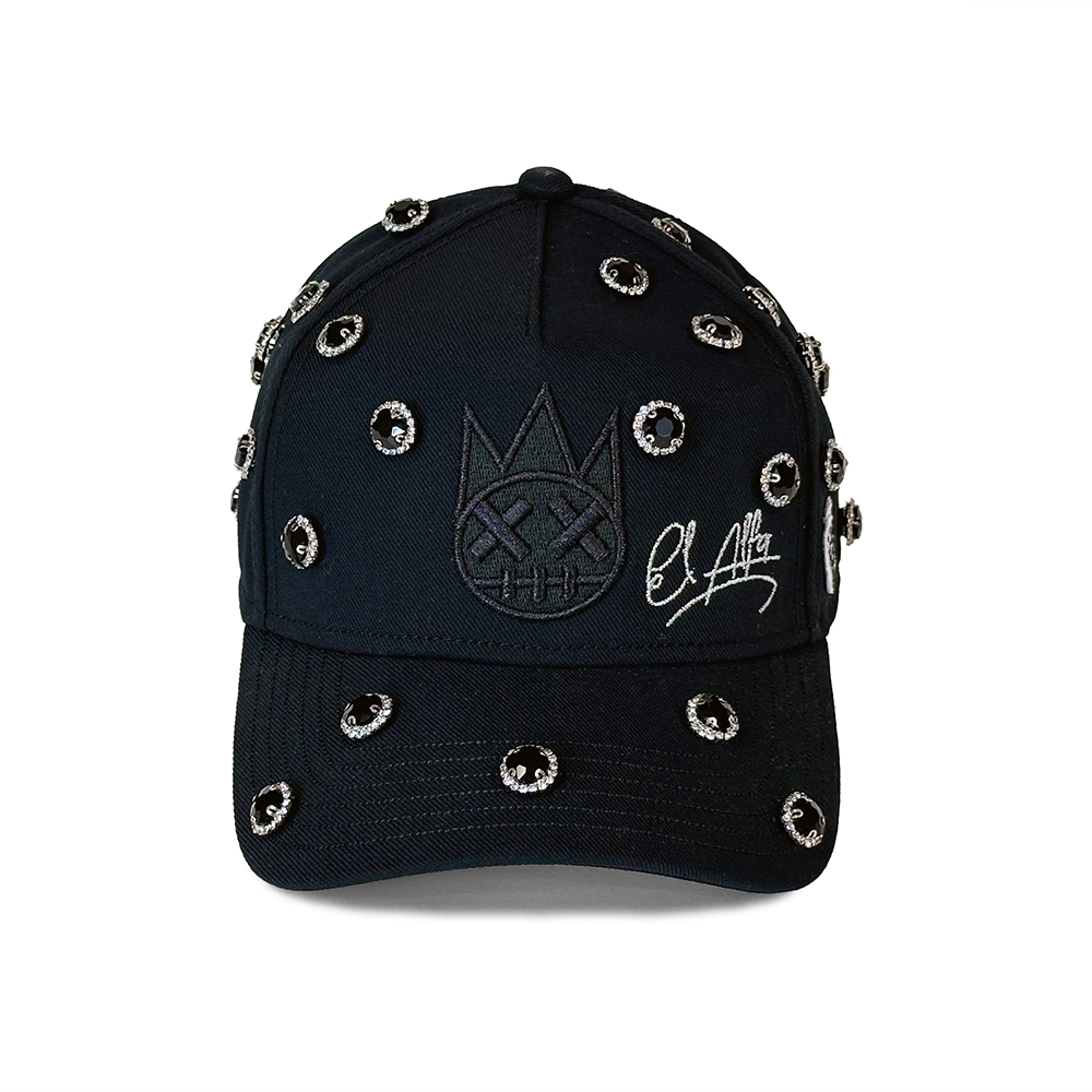 Cult x El Alfa Logo Crystal 5 Panel A Frame Trucker Hat in Black